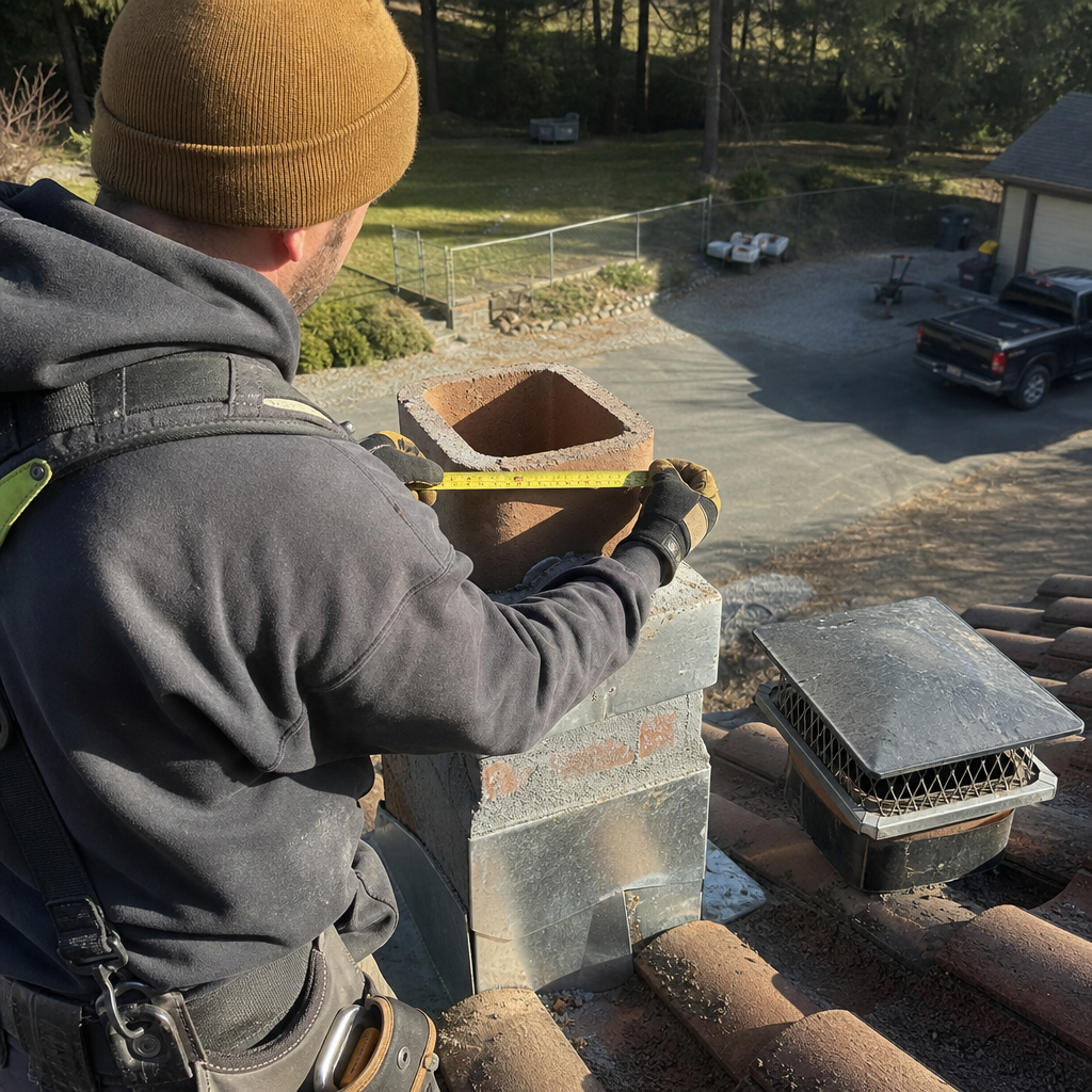 Technician measuring a chimney flue for a new chimney cap installation in Mead, WA