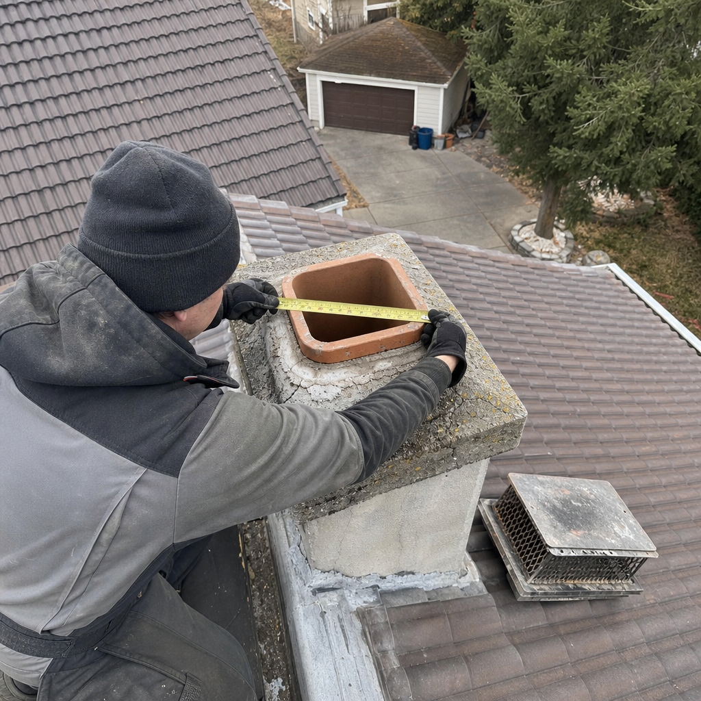 Technician measuring a residential chimney flue for a new chimney cap in Mead, WA
