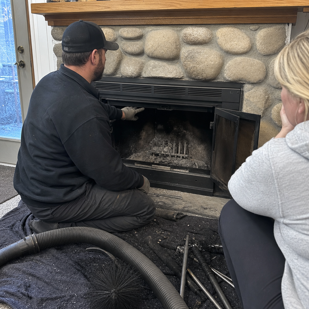 Professional chimney sweep inspecting and cleaning a stone fireplace insert in Spokane, WA