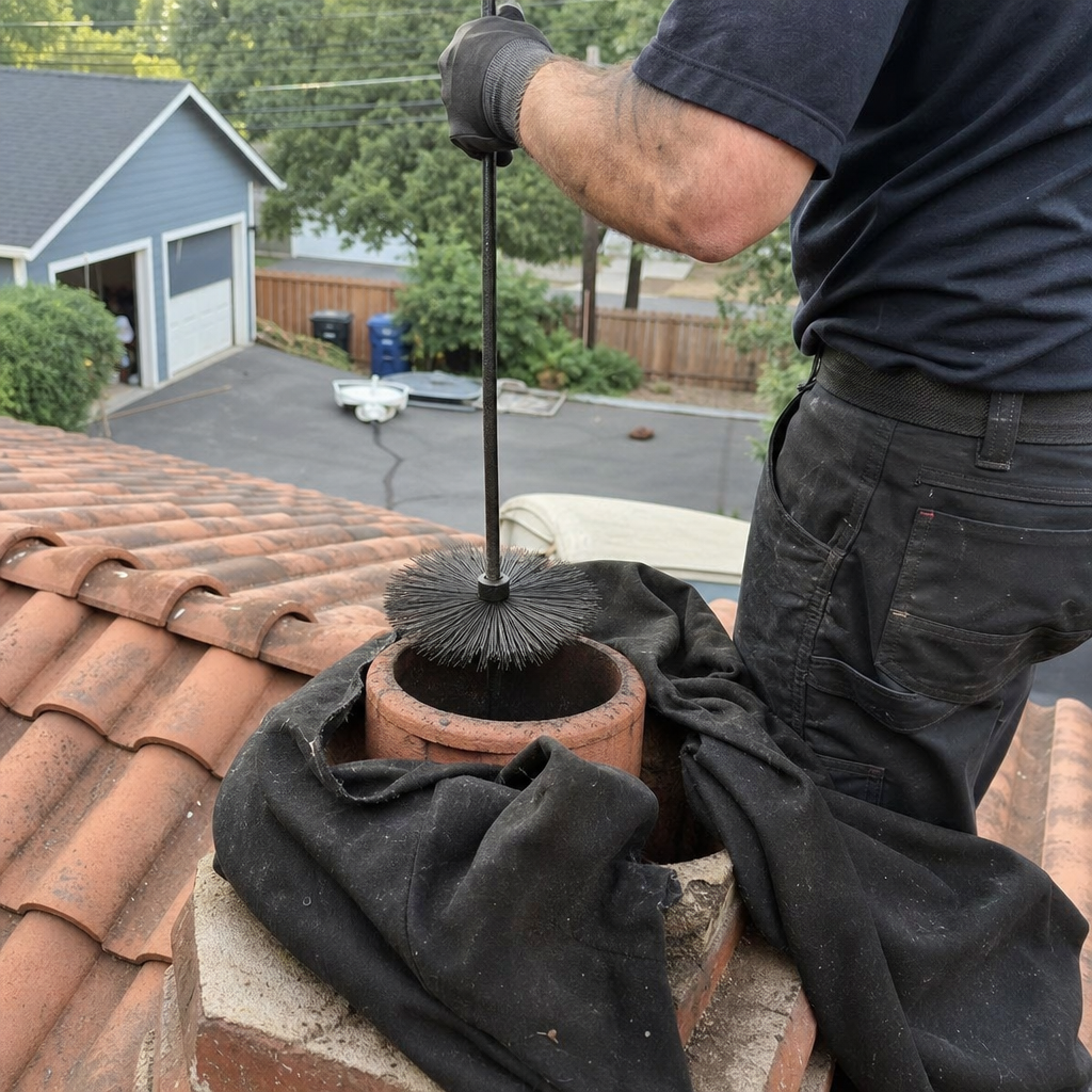 Professional chimney sweep cleaning a chimney flue with a wire brush. in Post Falls, ID