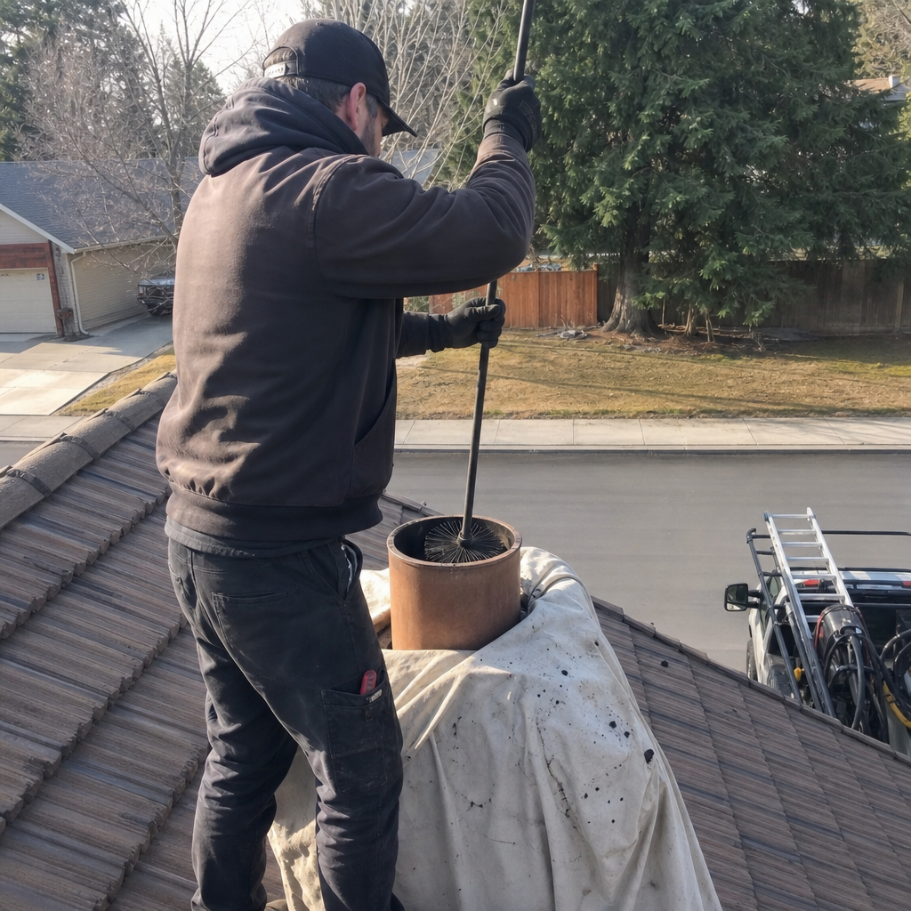 Professional technician performing a chimney sweep and cleaning service on a rooftop in Post Falls, ID