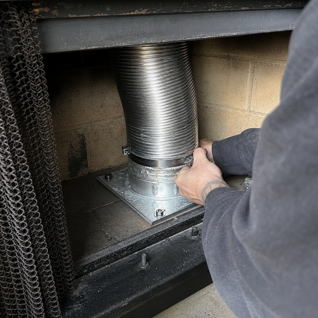 Professional technician installing a stainless steel chimney liner in a fireplace in Cheney, WA