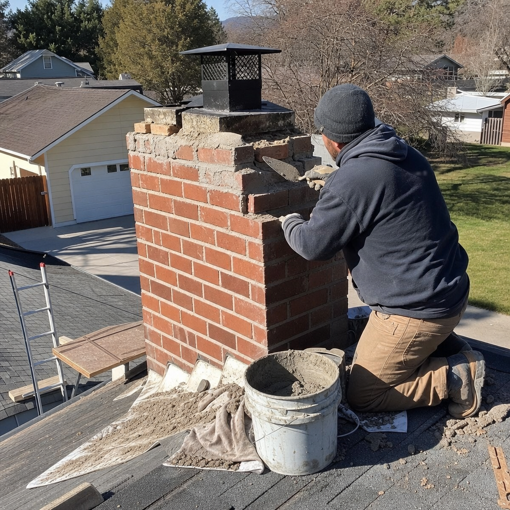 Professional mason performing brick chimney repair and tuckpointing on a residential roof in Post Falls, ID
