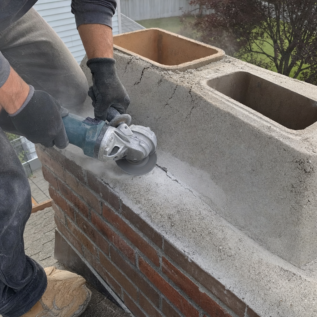 Professional contractor performing brick chimney masonry repair on a roof in Post Falls, ID