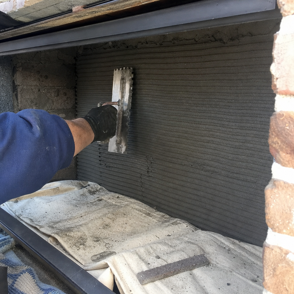 Worker applying mortar to a fireplace wall with a notched trowel in Spokane Valley, WA
