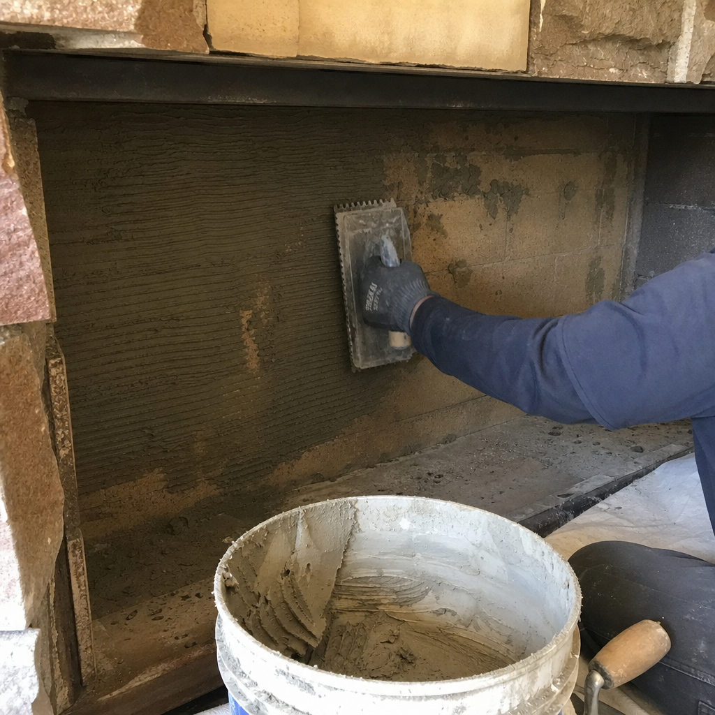 Worker applying mortar with a notched trowel for fireplace repair. in Spokane Valley, WA